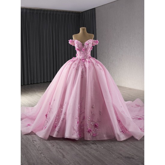 Glitter Pink Ballgown Strapless Floral Appliques Quinceanera Dress 2024 Off Shoulder Cocktail Dresses