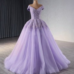 Glitter Prom Lavender Evening Dresses V Neck Party Prom Dress Cape Sleeve Floor Length A Line Gowns