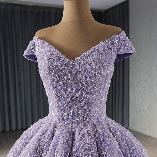 Glitter Prom Lavender Evening Dresses V Neck Party Prom Dress Cape Sleeve Floor Length A Line Gowns