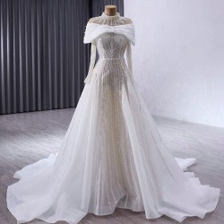 Glitter White Ivory Wedding Dresses High Neck Bridal Gowns Lace Sequin A Line Long Sleeve Bridal Plus Size