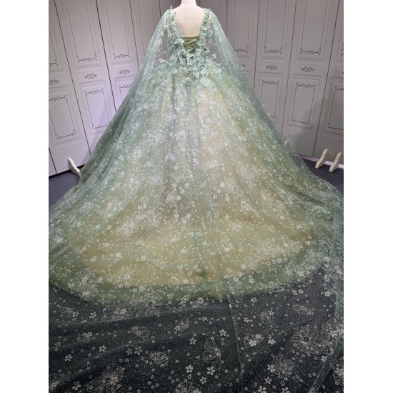 Green On Champagne Quince Dress Multi Vestidos De XV Anos 3D Butterfly Sweet 15 Gowns With Cape