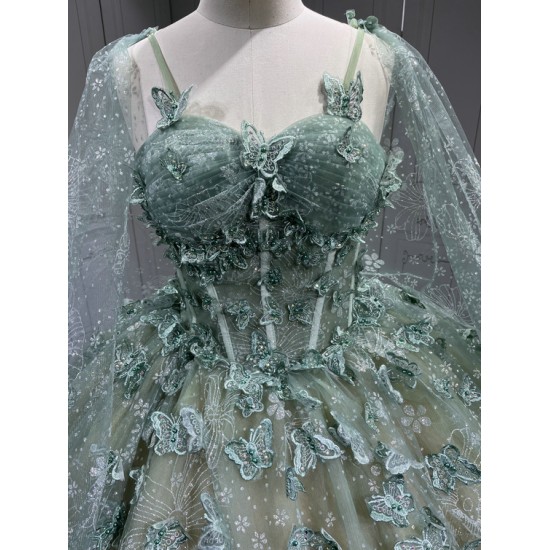 Green On Champagne Quince Dress Multi Vestidos De XV Anos 3D Butterfly Sweet 15 Gowns With Cape