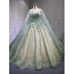 Green On Champagne Quince Dress Multi Vestidos De XV Anos 3D Butterfly Sweet 15 Gowns With Cape