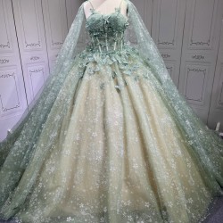 Green On Champagne Quince Dress Multi Vestidos De XV Anos 3D Butterfly Sweet 15 Gowns With Cape