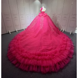 Halter Neck Hot Pink Quinceanera Dress Sleeveless Sweet 15 Gowns Ruffled Princess Dress With Bow