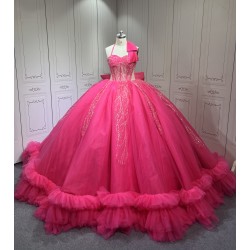 Halter Neck Hot Pink Quinceanera Dress Sleeveless Sweet 15 Gowns Ruffled Princess Dress With Bow