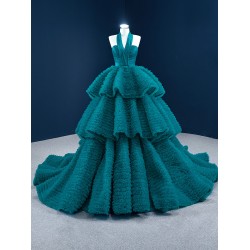 Halter Neck Aqua Prom Dresses Sleeveless Homecoming Dress Ruffled Evening Gowns