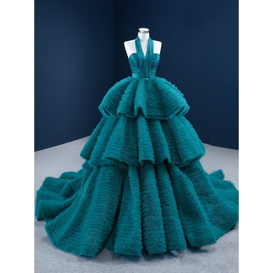 Halter Neck Aqua Prom Dresses Sleeveless Homecoming Dress Ruffled Evening Gowns