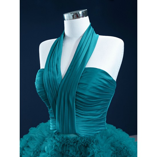 Halter Neck Aqua Prom Dresses Sleeveless Homecoming Dress Ruffled Evening Gowns