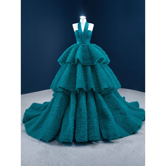 Halter Neck Aqua Prom Dresses Sleeveless Homecoming Dress Ruffled Evening Gowns