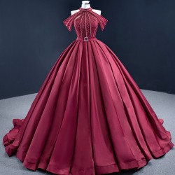 Halter Neck Burgundy Quinceanera Dress Tiered Sweet 15 16 Ball Gown Custom Made Cocktail Gown