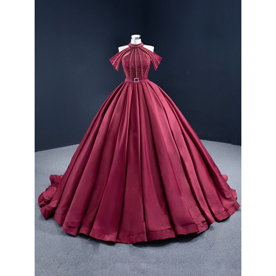 Halter Neck Burgundy Quinceanera Dress Tiered Sweet 15 16 Ball Gown Custom Made Cocktail Gown