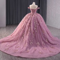 Handmade Flowers Ball Gown Mauve Quinceanera Dresses Off The Shoulder Appliques Lace Vestido De 15 Anos Princess Sweet 16 Dress