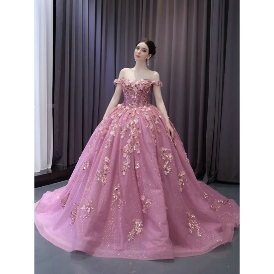 Handmade Flowers Ball Gown Mauve Quinceanera Dresses Off The Shoulder Appliques Lace Vestido De 15 Anos Princess Sweet 16 Dress