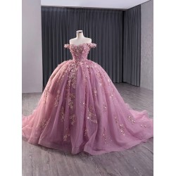 Handmade Flowers Ball Gown Mauve Quinceanera Dresses Off The Shoulder Appliques Lace Vestido De 15 Anos Princess Sweet 16 Dress