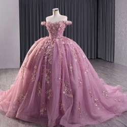 Handmade Flowers Ball Gown Mauve Quinceanera Dresses Off The Shoulder Appliques Lace Vestido De 15 Anos Princess Sweet 16 Dress