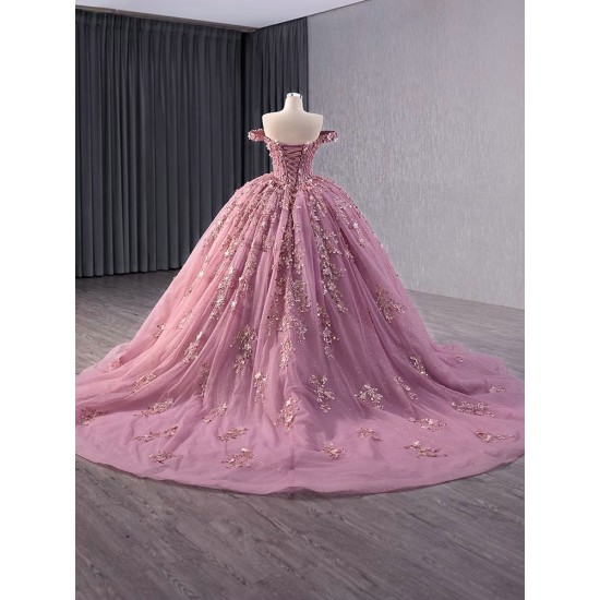 Handmade Flowers Ball Gown Mauve Quinceanera Dresses Off The Shoulder Appliques Lace Vestido De 15 Anos Princess Sweet 16 Dress