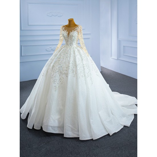 Long Sleeve Ball Gown Wedding Dress Sequin Bridal Growns vestido de noiva Sweep Train 2024