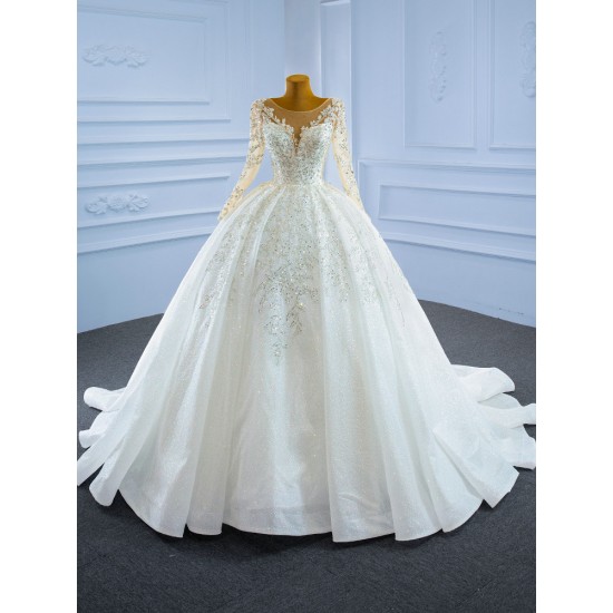 Long Sleeve Ball Gown Wedding Dress Sequin Bridal Growns vestido de noiva Sweep Train 2024