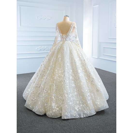 Long Sleeve Ball Gown Wedding Dresses Scoop Neck 3D Flowers Wedding Gown Open Back Bride Dress