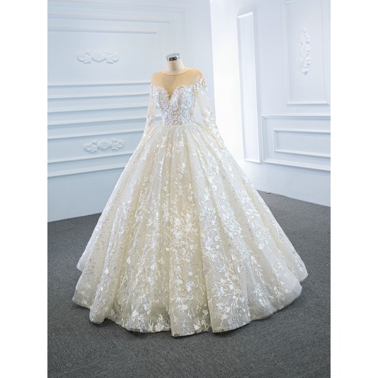 Long Sleeve Ball Gown Wedding Dresses Scoop Neck 3D Flowers Wedding Gown Open Back Bride Dress