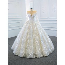 Long Sleeve Ball Gown Wedding Dresses Scoop Neck 3D Flowers Wedding Gown Open Back Bride Dress