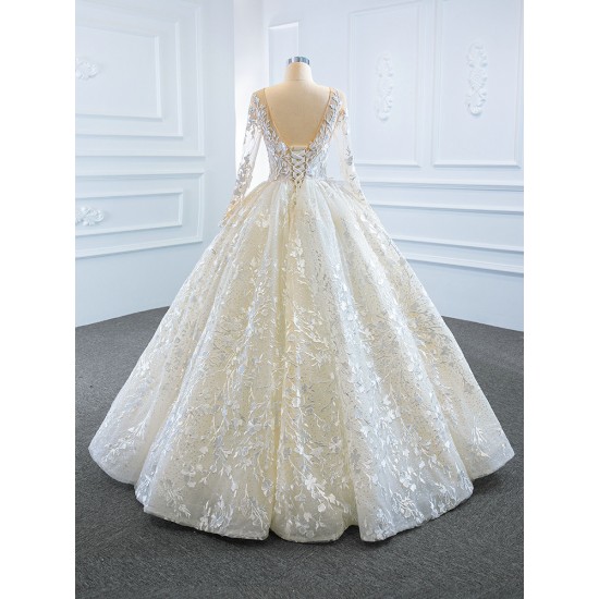 Long Sleeve Ball Gown Wedding Dresses Scoop Neck 3D Flowers Wedding Gown Open Back Bride Dress