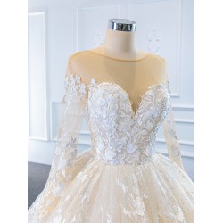 Long Sleeve Ball Gown Wedding Dresses Scoop Neck 3D Flowers Wedding Gown Open Back Bride Dress