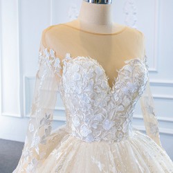 Long Sleeve Ball Gown Wedding Dresses Scoop Neck 3D Flowers Wedding Gown Open Back Bride Dress