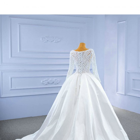 Long Sleeve Ball Gown Wedding Dresses for Women Backless Lace Appliques Bride Gown