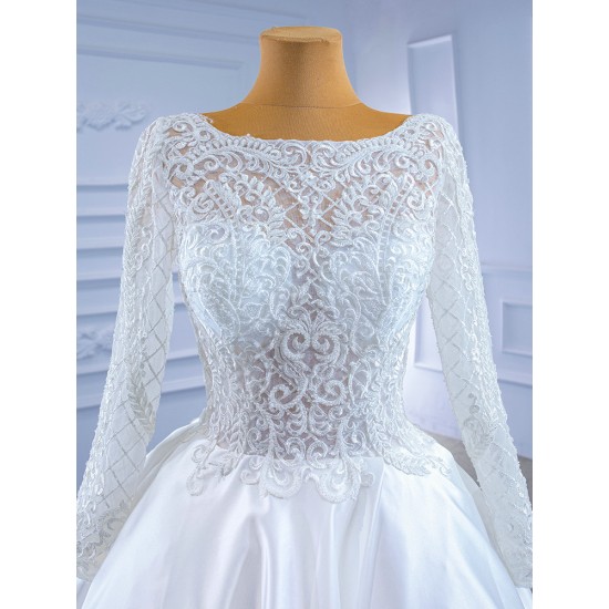 Long Sleeve Ball Gown Wedding Dresses for Women Backless Lace Appliques Bride Gown