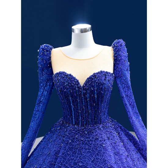 Long Sleeve Ballgown Blue Quinceanera Dress 2024 Scoop Neck 15 Year Old Corinthian Dresses