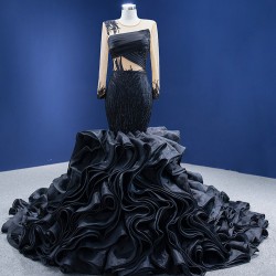 Long Sleeve Black Evening Dresses Dubai Ruffled Long Women Formal Party Dress for Wedding Guest