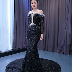 Long Sleeve Black Prom Dresses 2024 Fashion Floor Length Women Evening Party Gowns