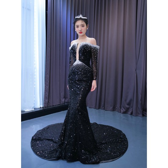 Long Sleeve Black Prom Dresses 2024 Fashion Floor Length Women Evening Party Gowns