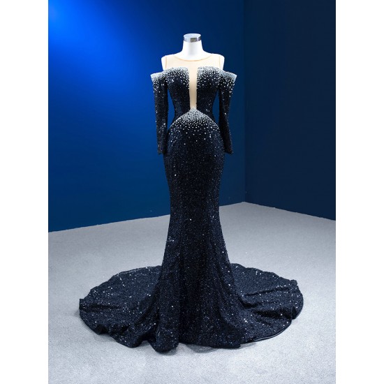 Long Sleeve Black Prom Dresses 2024 Fashion Floor Length Women Evening Party Gowns