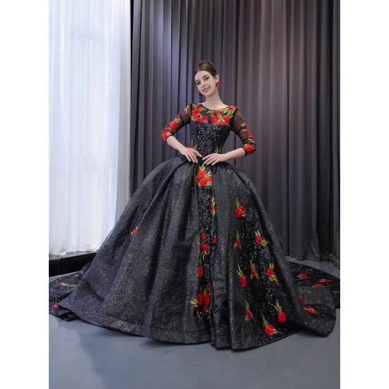 Long Sleeve Black Quinceanera Dresses Embroidered Flowers Sequins Sweet 15 16 Party Dresses