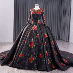 Long Sleeve Black Quinceanera Dresses Embroidered Flowers Sequins Sweet 15 16 Party Dresses