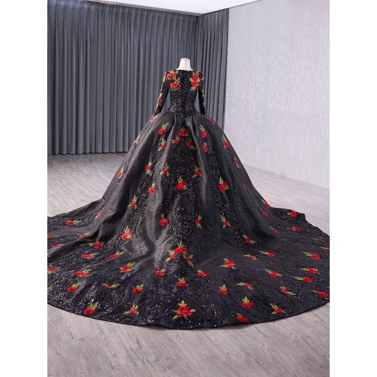 Long Sleeve Black Quinceanera Dresses Embroidered Flowers Sequins Sweet 15 16 Party Dresses