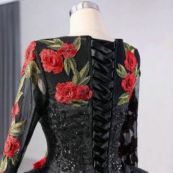 Long Sleeve Black Quinceanera Dresses Embroidered Flowers Sequins Sweet 15 16 Party Dresses