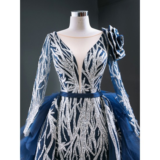 Long Sleeve Blue Prom Dresses Lace Appliques Homecoming Dress Two In One Formal Party Gowns 2024