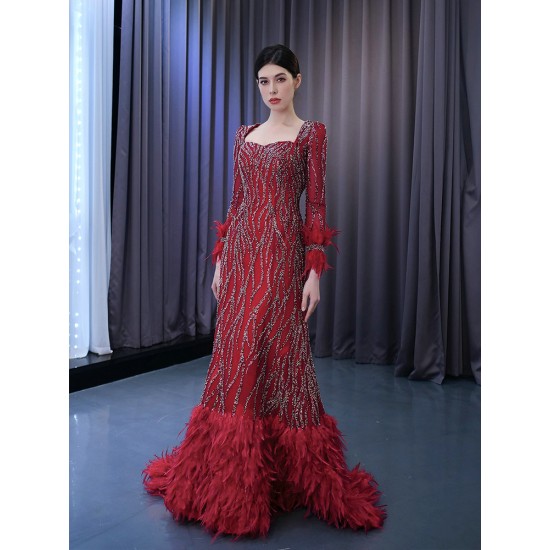 Long Sleeve Burgundy Evening Dress Formal Prom Dresses Women Banquet Party Gowns 2024