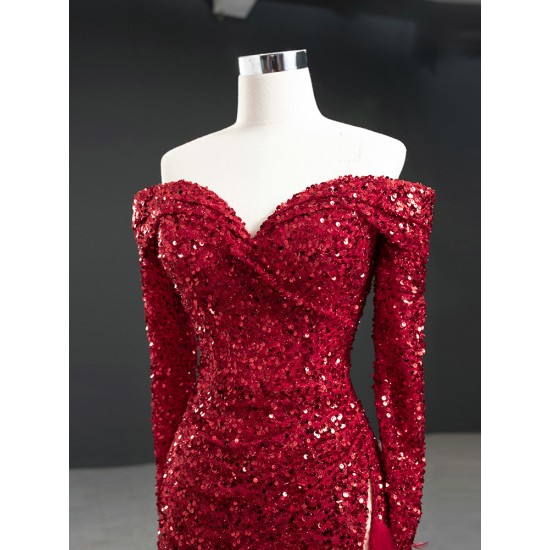 Long Sleeve Burgundy Prom Dresses Mermaid Evening Gowns Sequin Formal Party Dress