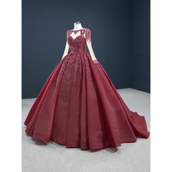 Long Sleeve Burgundy Quinceanera Dress Floral Applique Scoop Neck Ballgown 2024 Cocktail Dresses