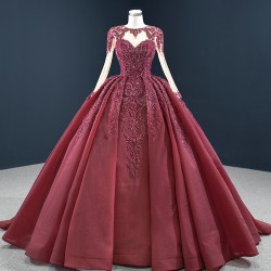 Long Sleeve Burgundy Quinceanera Dress Floral Applique Scoop Neck Ballgown 2024 Cocktail Dresses