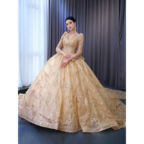 Long Sleeve Champagne Quinceanera Dress Ballgown Prom Dress 2024 Cocktail Dresses With Bow