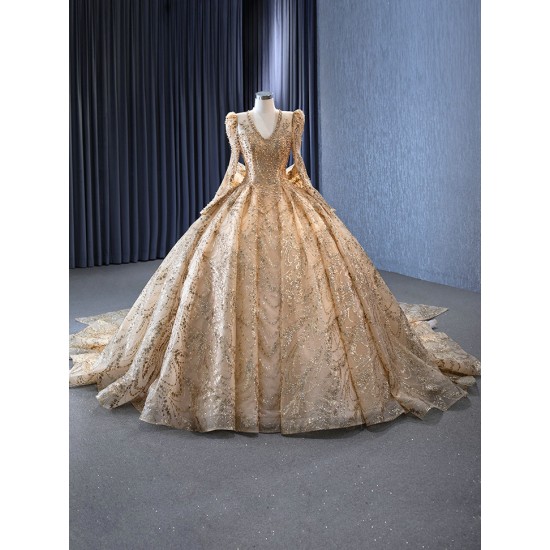 Long Sleeve Champagne Quinceanera Dress Ballgown Prom Dress 2024 Cocktail Dresses With Bow