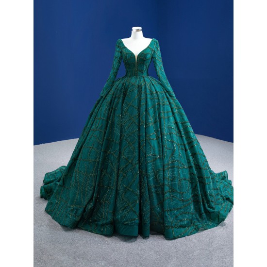 Long Sleeve Emerald Green Quinceanera Dress 2024 Princess Ball Gown V Neck Prom Dress