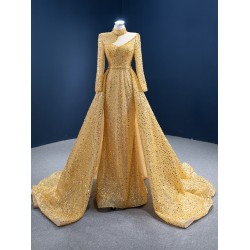 Long Sleeve Gold Prom Dresses Halter Neck Formal Evening Dress Women Floor Length Long Special Occasion Party Gowns