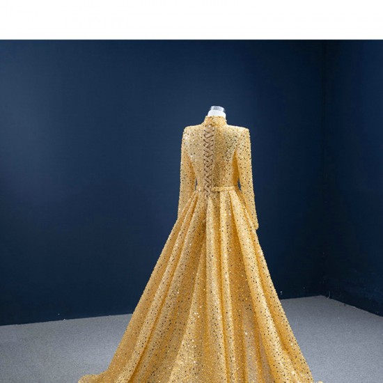 Long Sleeve Gold Prom Dresses Halter Neck Formal Evening Dress Women Floor Length Long Special Occasion Party Gowns